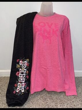 Victoria Secret Pink Rainbow Pink Long Sleeve Tee Classic Pant Set L